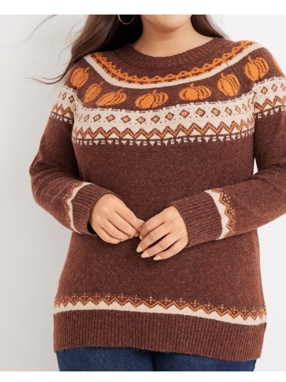 Maurices Brown Fair Isle Crewneck Sweater with Pumpkin Accents - Picture 2 of 5